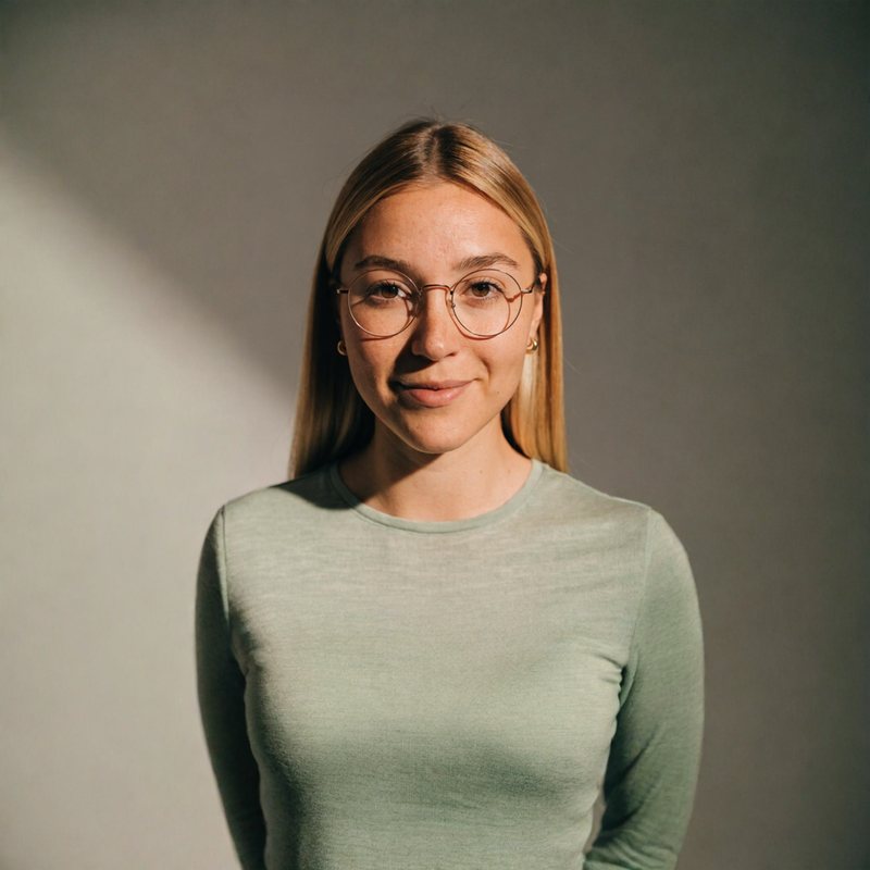 Bartok's avatar: a woman with long blonde hair and round glasses in a sage sweater, lit by window light.