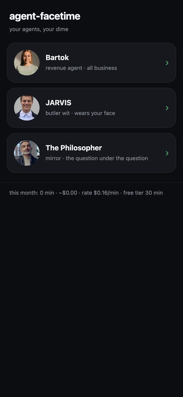 The Agent FaceTime roster on a phone: Bartok, JARVIS, and The Philosopher as tappable tiles, with the month's meter at the bottom.