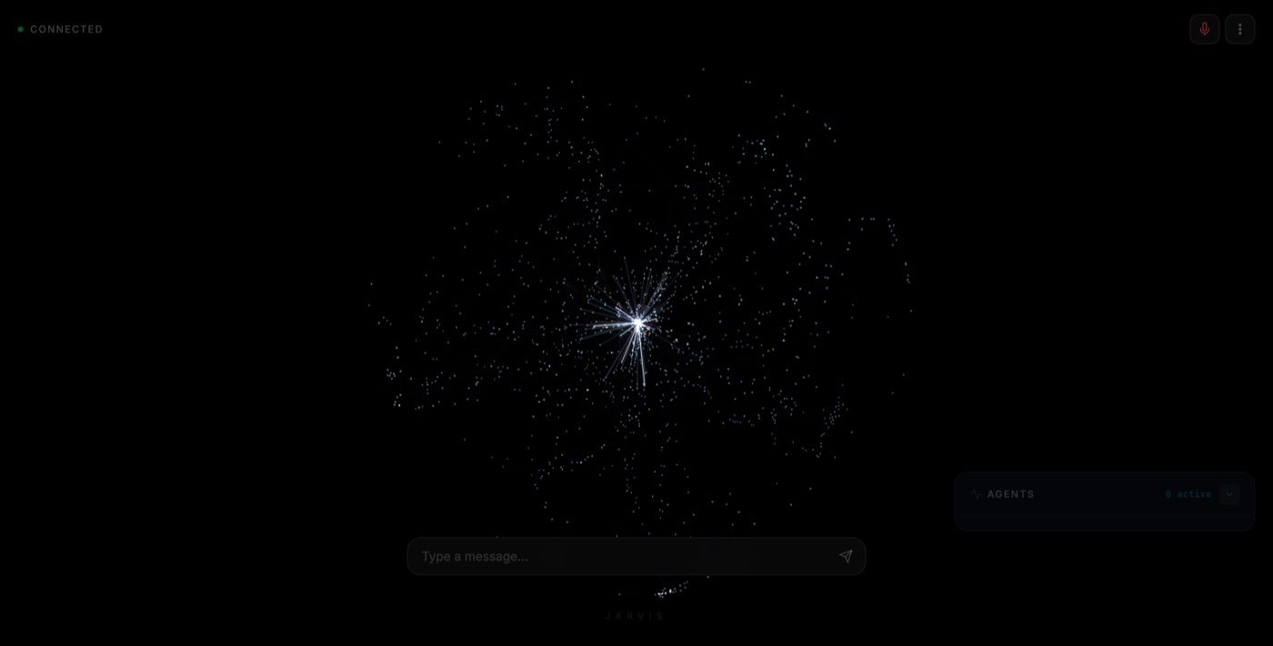 JARVIS interface: a white particle orb on black with a message input bar at the bottom.