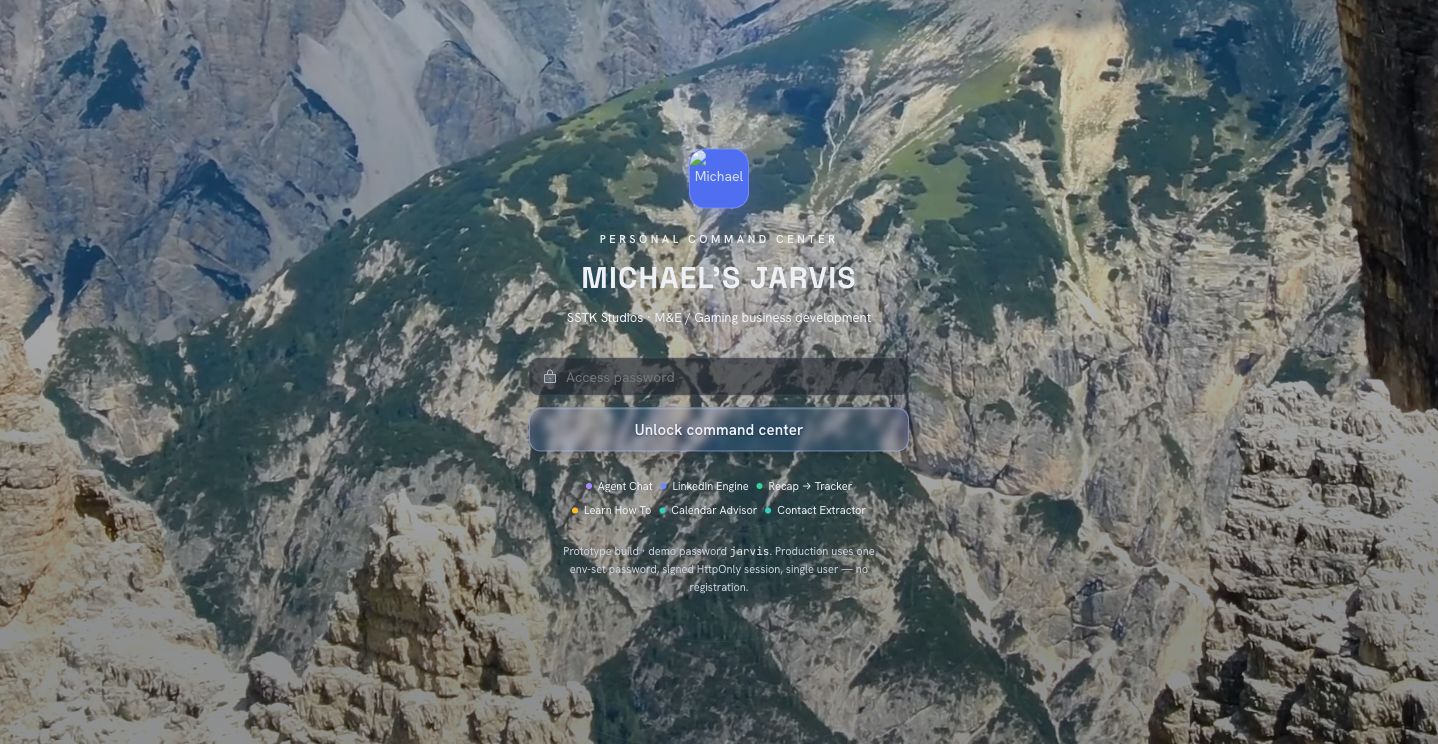 Login render over a mountain photograph with a single Unlock command center button.