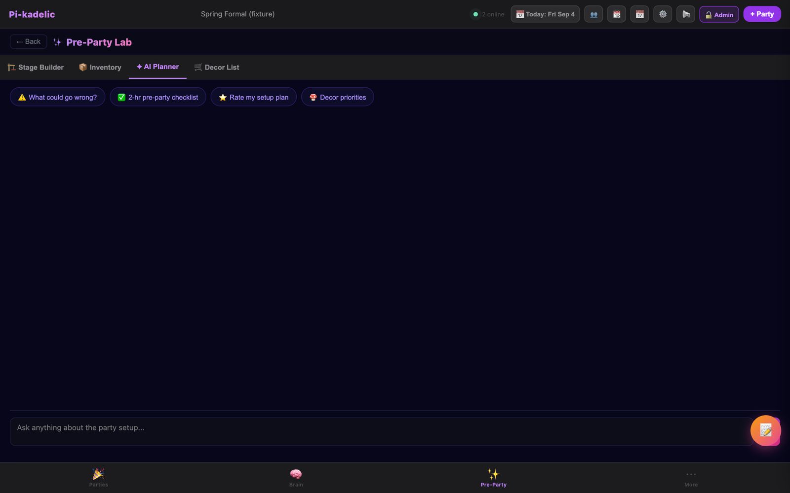 The AI planner tab with prompt chips: what could go wrong, two-hour pre-party checklist, rate my setup plan, decor priorities.