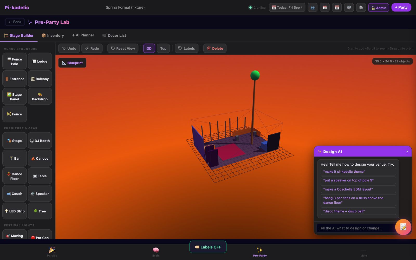 Perspective view of the 3D build with labels switched on so every object is named.