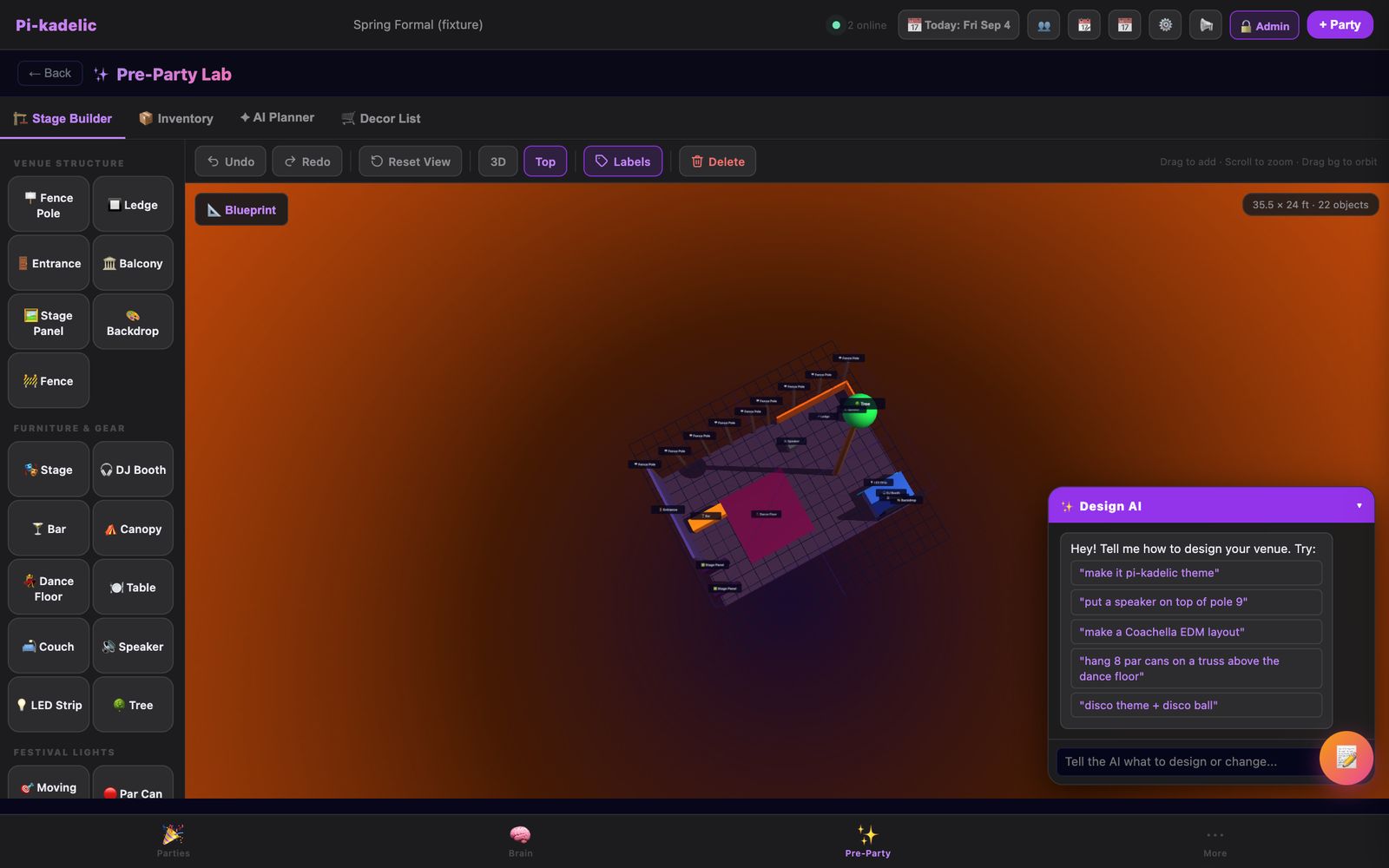 Top-down plan view of the same 3D build on a grid, with the object palette on the left.