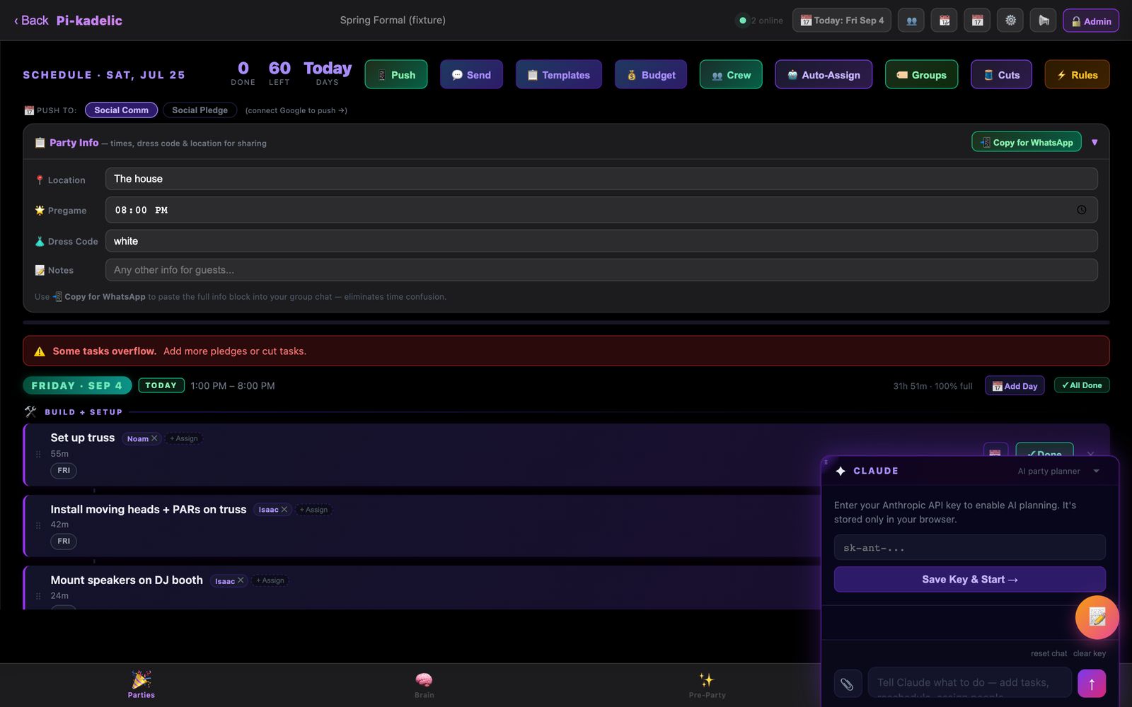The schedule and build board for a fixture party: party info, push, send, templates, budget, crew, auto-assign, and groups controls, a task list under Build and setup, and a Claude planning panel.
