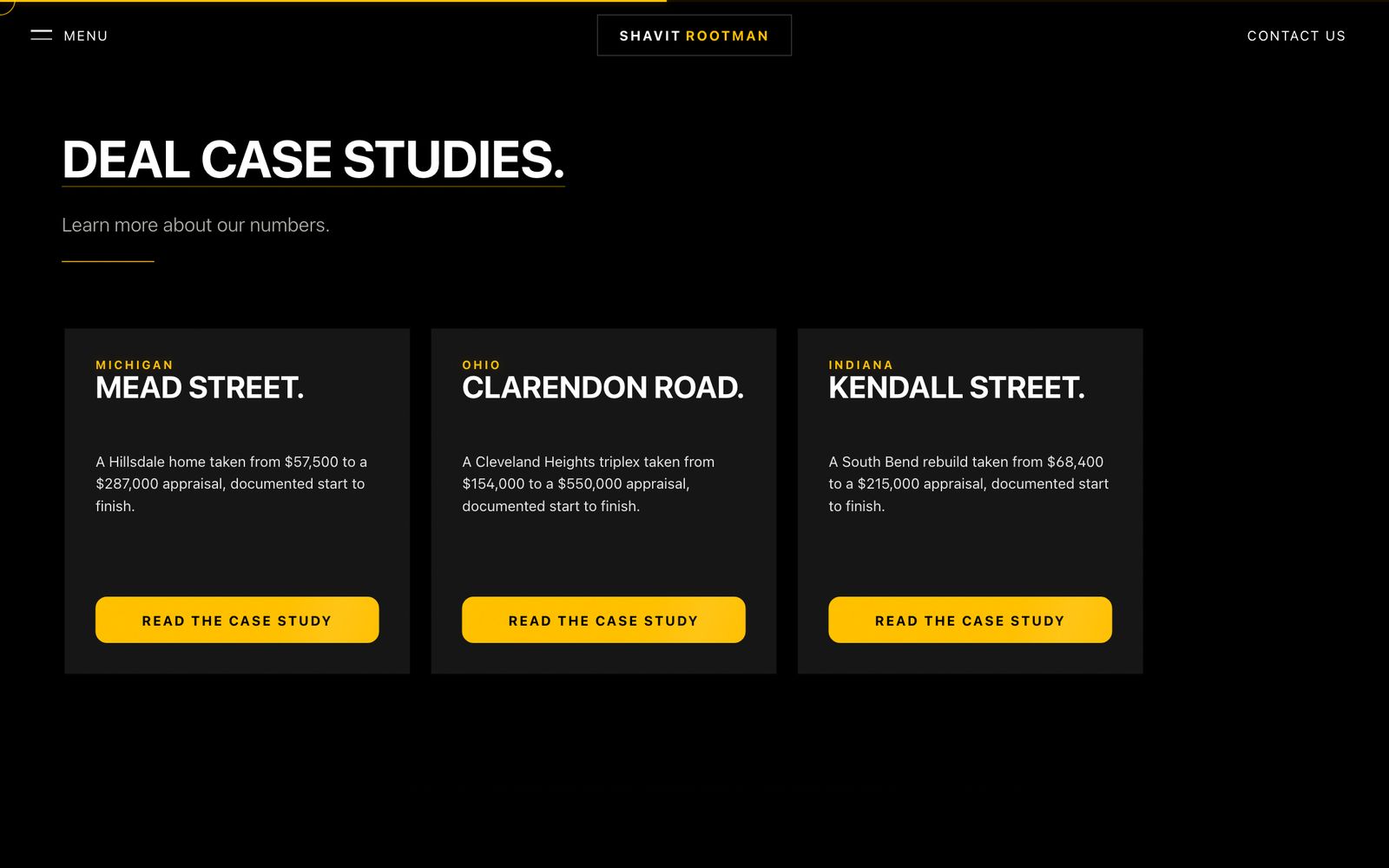 Deal case studies section with three cards: Mead Street in Michigan, Clarendon Road in Ohio, Kendall Street in Indiana, each with purchase and appraisal figures.