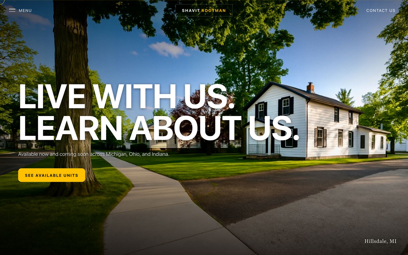 shavitrootman.com home page: a white farmhouse under a large tree with the headline Live with us. Learn about us. and a See available units button.
