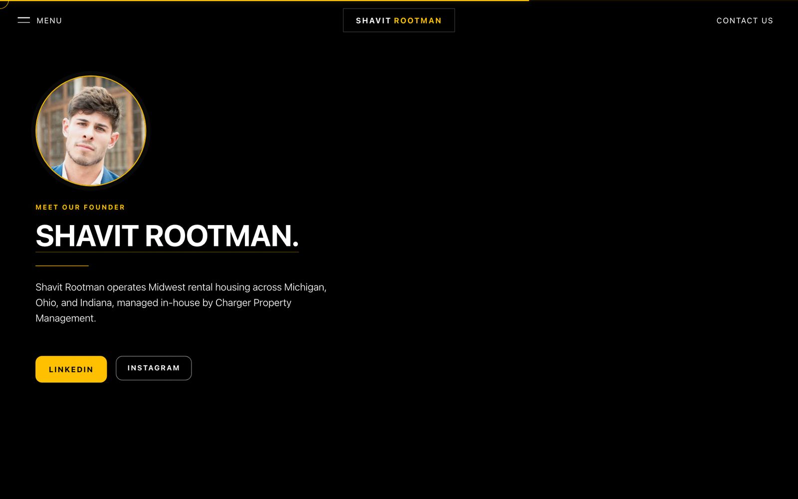 Meet our founder section with a circular portrait of Shavit Rootman and LinkedIn and Instagram buttons.