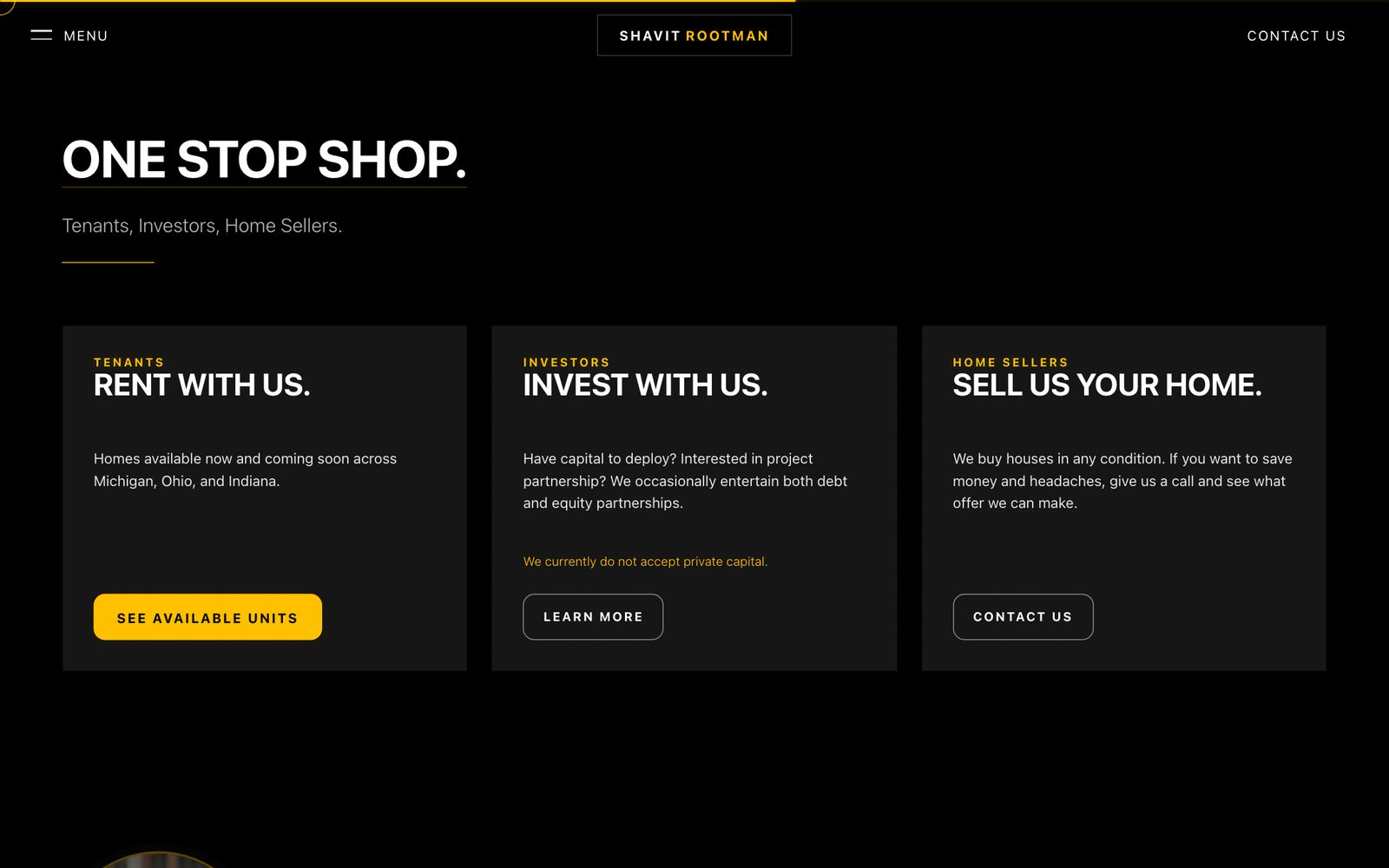 One stop shop section with three panels: rent with us for tenants, invest with us for investors, sell us your home for home sellers.