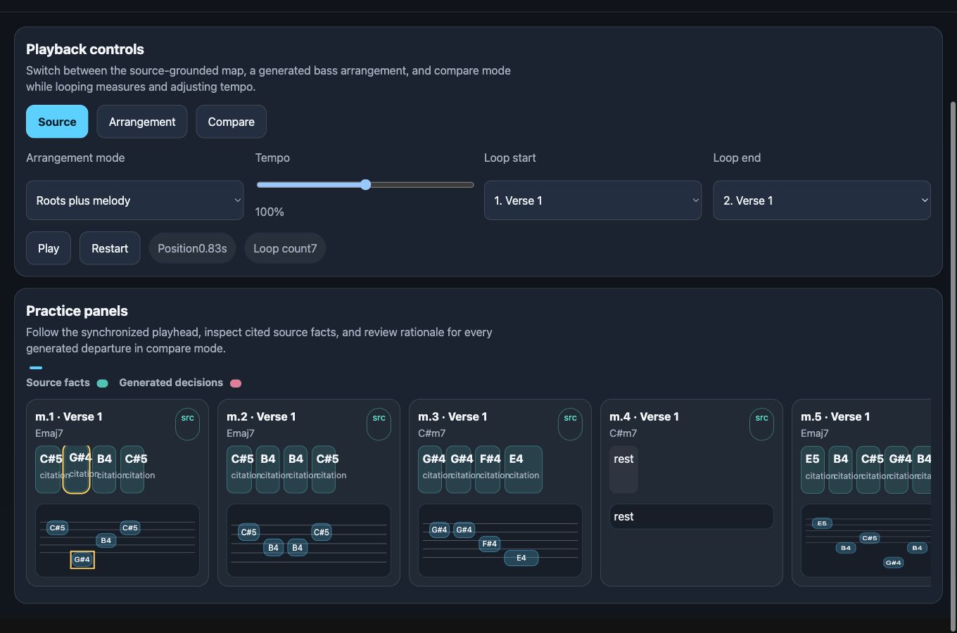 Songsheet playback controls and practice panels: source, arrangement, and compare modes, with per-measure source facts beside generated decisions.