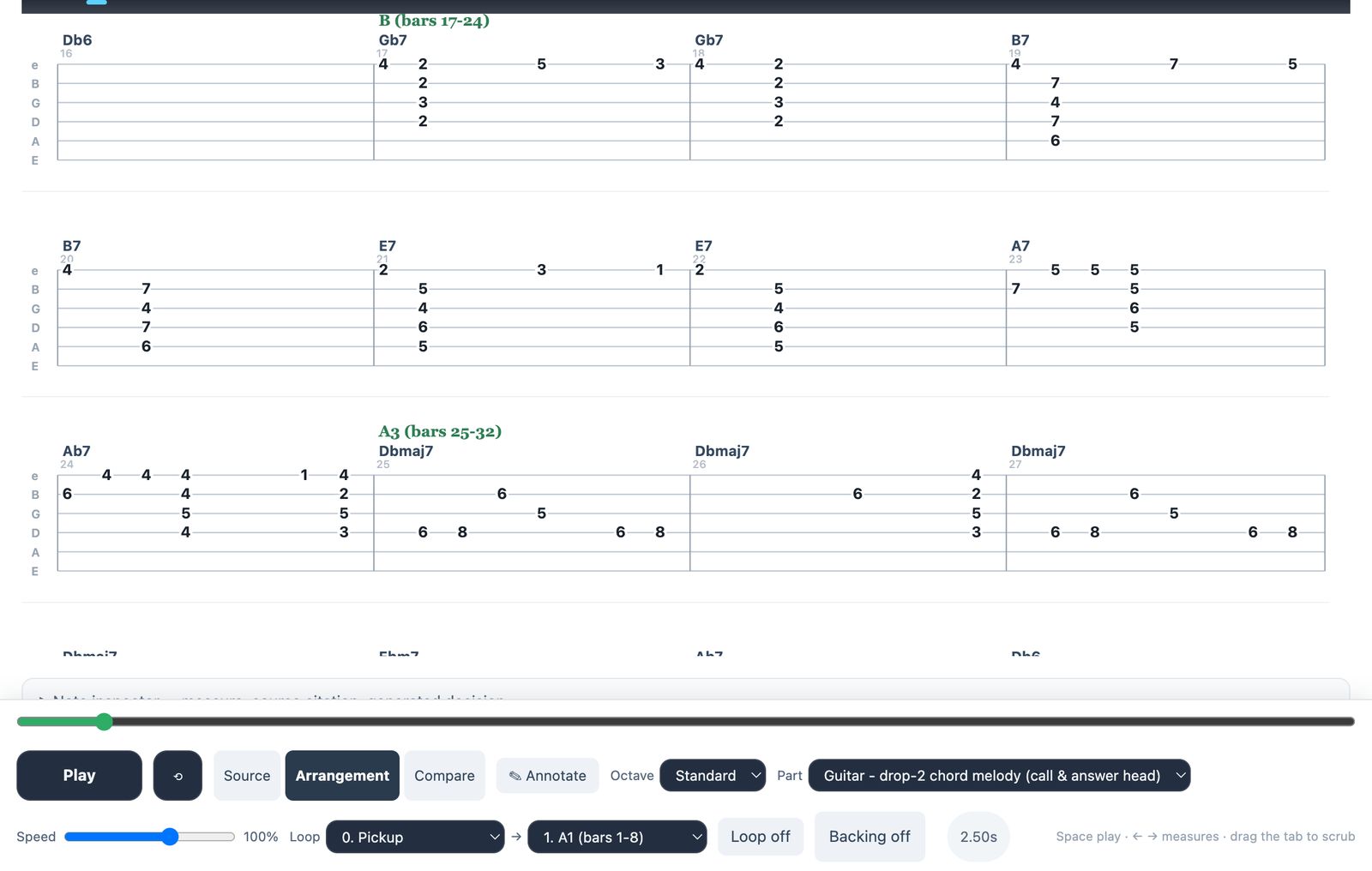 Guitar chord-melody arrangement in drop-2 voicings rendered as tab, bars 17 through 32.